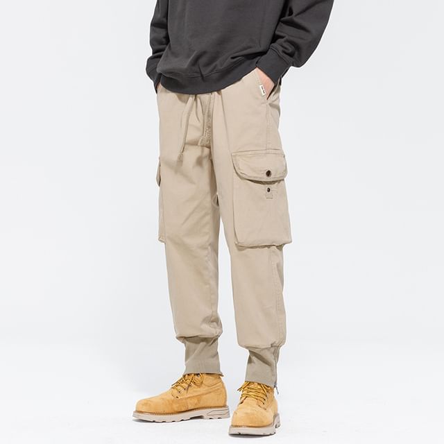 Stone Leo-Drawstring Waist Plain Zip Slit Harem Cargo Pants
