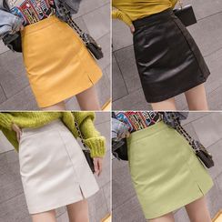 MAVIS - Faux Leather Slit A-Line Mini Skirt
