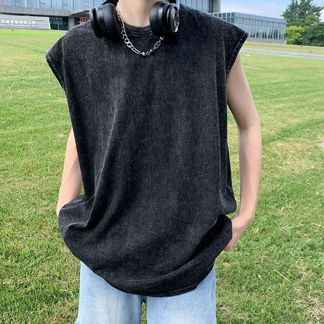 Macho-Round Neck Plain Washed Tank Top