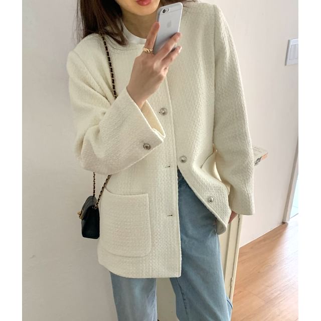 SeoulPop-Round Neck Button-Up Tweed Coat
