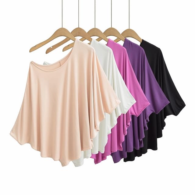 Hollahop-34-Sleeve Off-Shoulder Plain Asymmetrical Tee