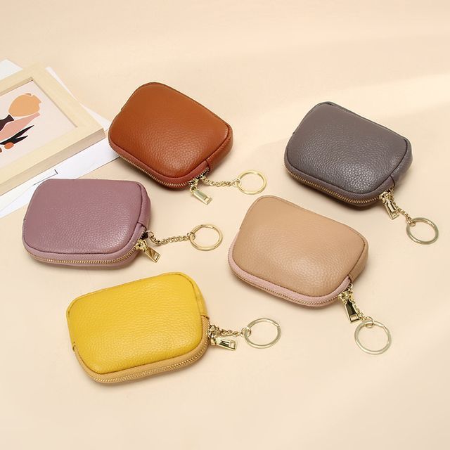 tablarosa-Plain Genuine Leather Zip Coin Purse