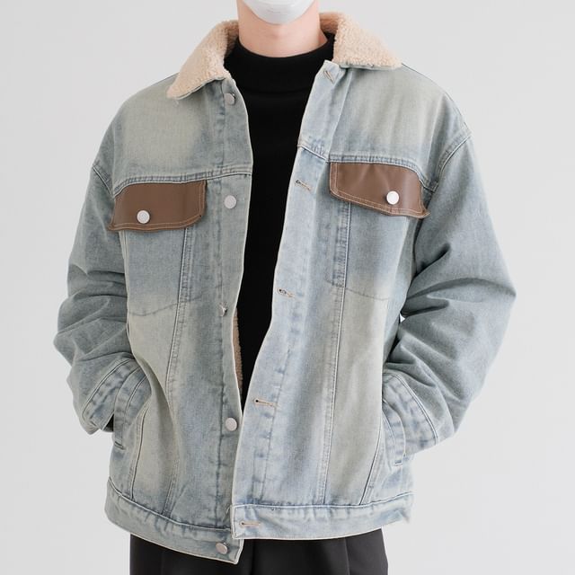 DAZO Studios-Fleece Collar Washed Denim Button Jacket