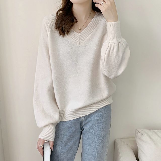 Donnae - V-Neck Plain Oversized Sweater | YesStyle