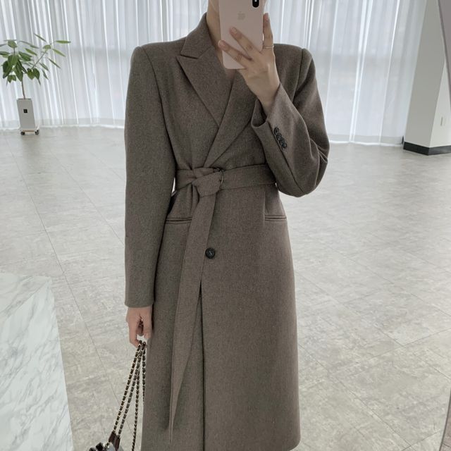 Sienne-Peak Lapel Plain Midi Single-Breasted Coat