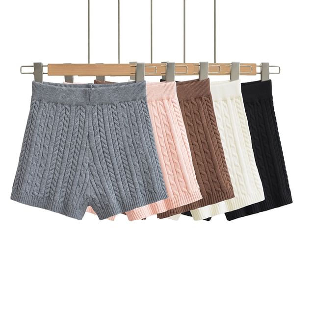 Ulark-High Waist Plain Cable Knit Hot Pants