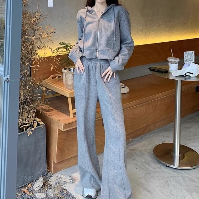 Cloud Nine-Set Plain Zip Hoodie Drawstring Waist Plain Sweatpants
