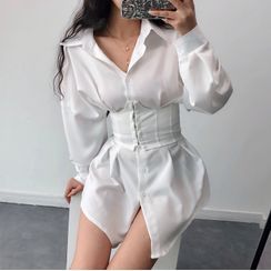 RainGirl - Plain Long-Sleeve Shirtdress / Corset Belt RainGirl - Plain Long-Sleeve Shirtdress / Corset Belt