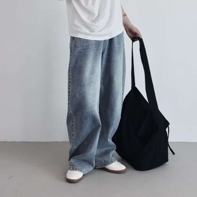 SIMPLE BLACK-Mid Waist Washed Baggy Jeans