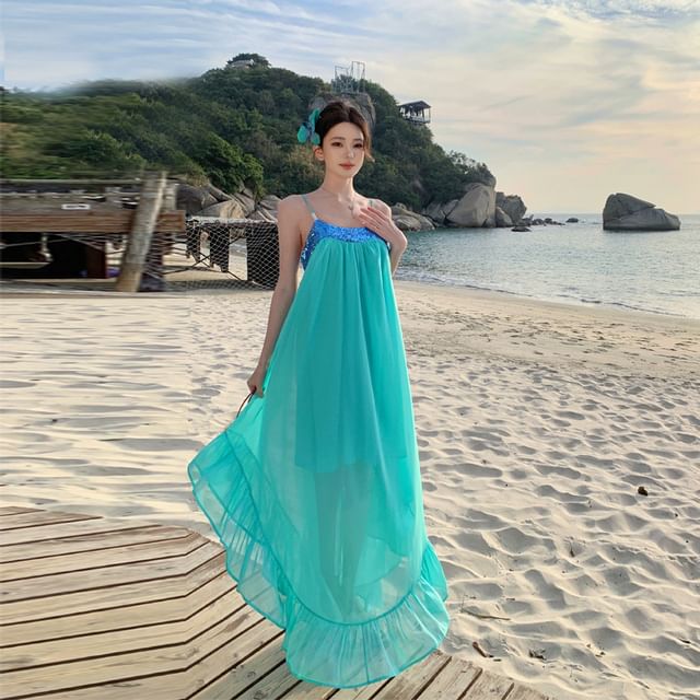 Fioridi-Spaghetti Strap Sequin Ruffle Maxi A-Line Dress