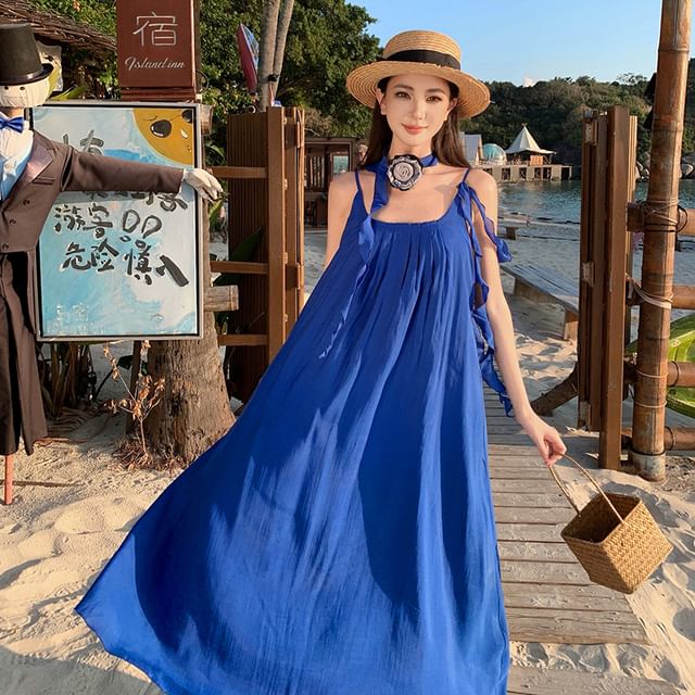 Fioridi-Spaghetti Strap Plain Pleated Maxi A-Line Dress