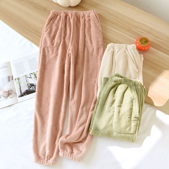 Dogini-Elastic Waist Plain Flannel Lounge Pants