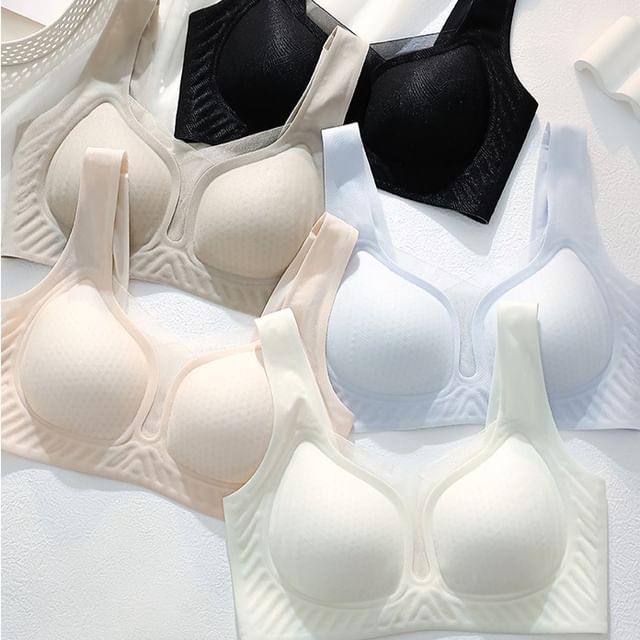 HYG Lingerie-Plain Mesh Panel Seamless Wireless Bra