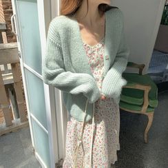 Gilmort - Loose-Fit Knit Cardigan / Long-Sleeve Floral Print Midi A-Line Dress