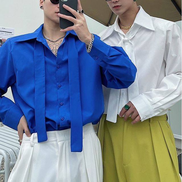 Adothuiastic-Long-Sleeve Collared Plain Shirt with Sash