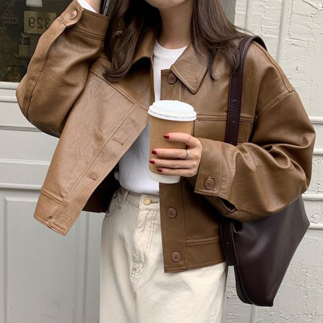 Coris-Faux Leather Button-Up Cropped Jacket