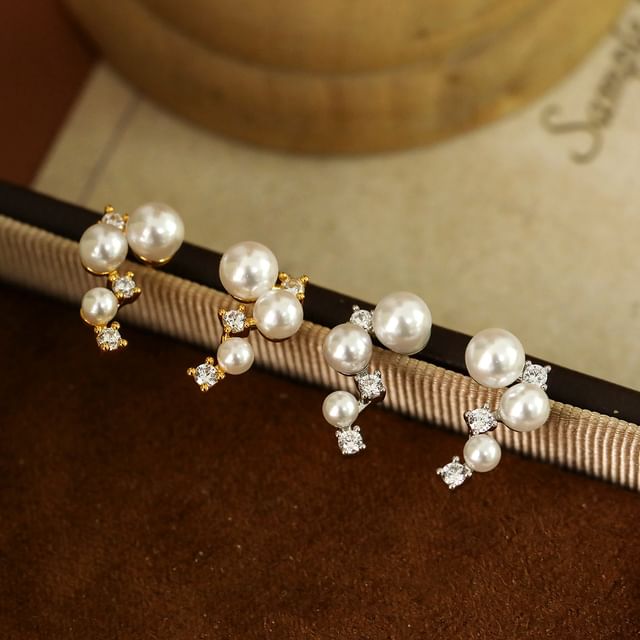 Forainer-Faux Pearl Rhinestone Climber Earring