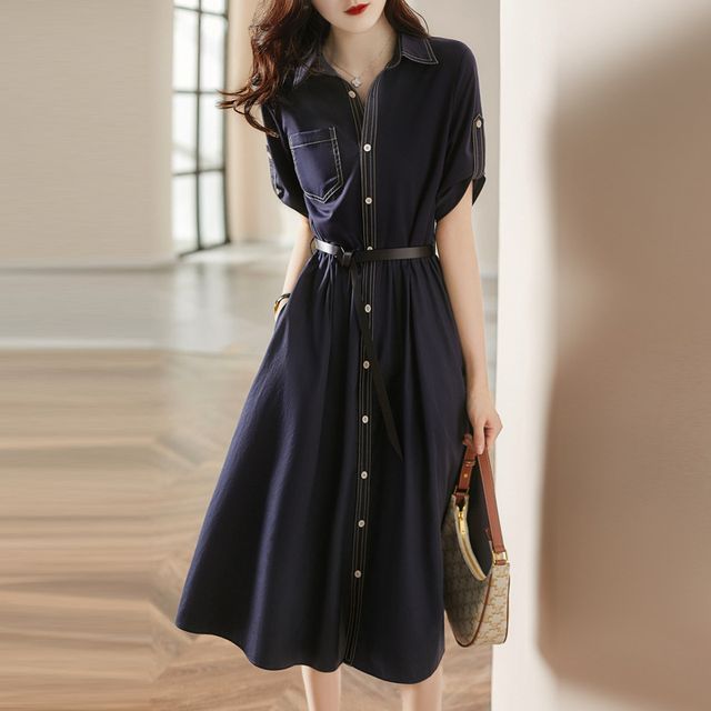malabar - Set: Short-Sleeve Midi Shirt Dress + Faux Leather Belt | YesStyle