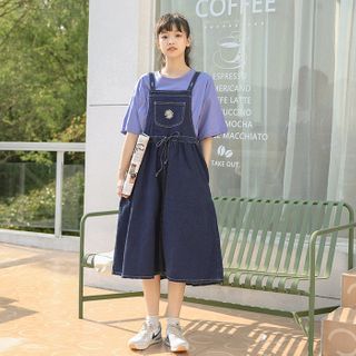 floral embroidered denim overall dress Travachic Women's Light Blue Denim Overalls Dress With Floral Print At The  Hem; Loose-Fitting Dress, Perfect For Summer Vacation