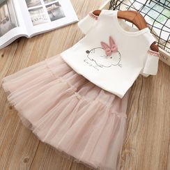 ZiG ZaG - Kids Set: Rabbit Print Cold Shoulder Short-Sleeve T-Shirt + Midi Mesh Skirt ZiG ZaG - Kids Set: Rabbit Print Cold Shoulder Short-Sleeve T-Shirt + Midi Mesh Skirt