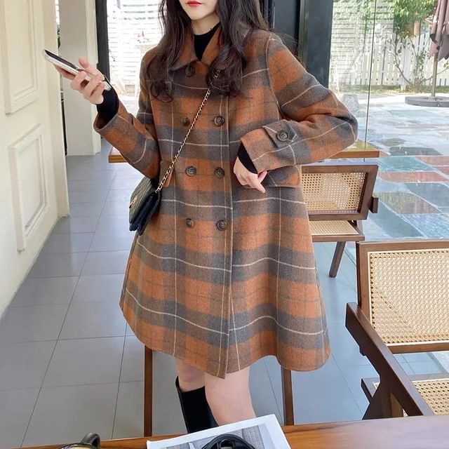 Jeonseon-Plaid Double-Breasted Coat