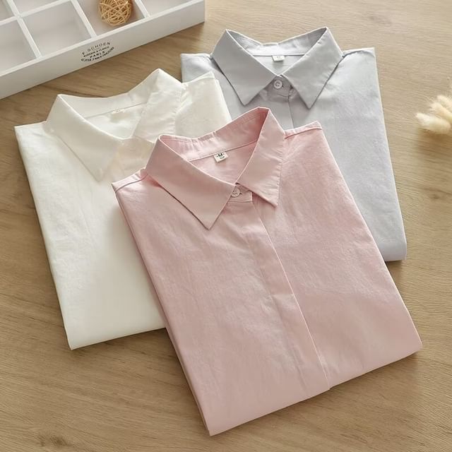 PANDAGO-Long Sleeve Collared Plain Button Shirt