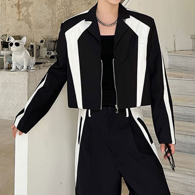 Adothuiastic-Set Lapel Collared Two Tone Zip Blazer Mid Rise Two Tone Straight Leg Dress Pants