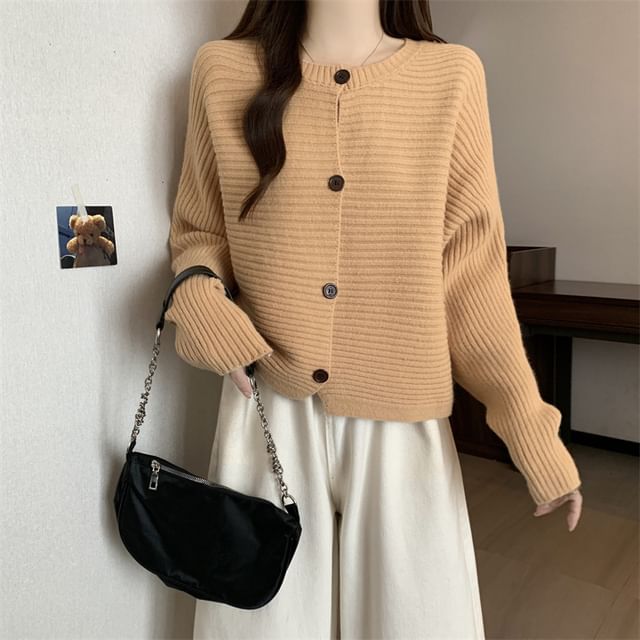 Sienne-Crewneck Button-Up Plain Cardigan