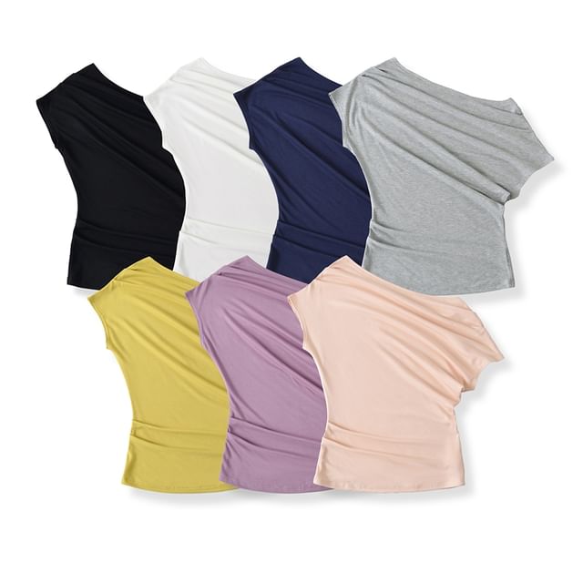 Ulark-One-Shoulder Plain Shirred Top