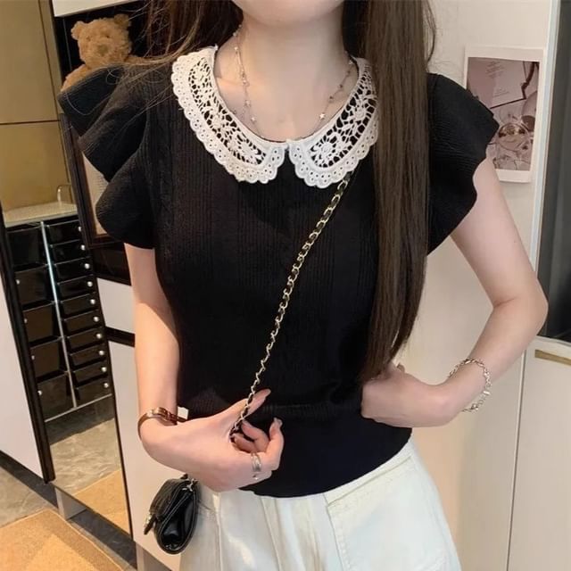 Allinya-Sleeveless Round Neck Lace Collared Plain Knit Top
