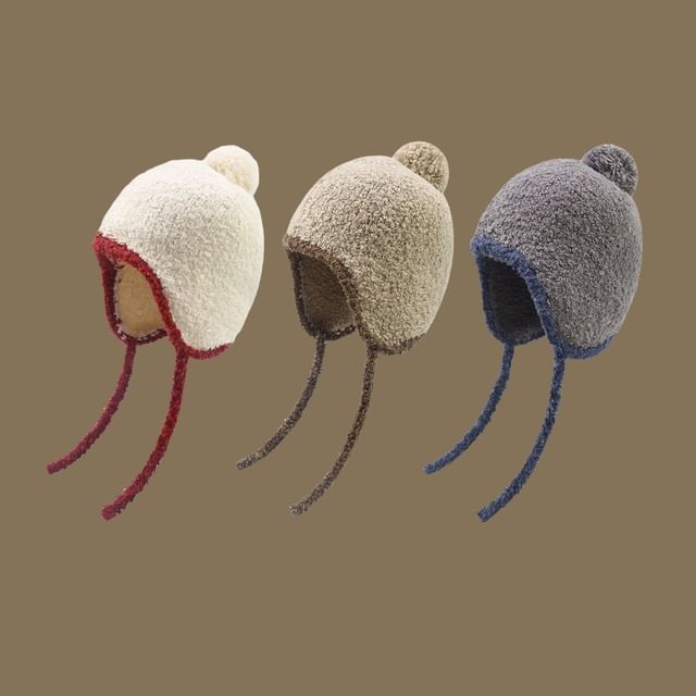 4-4 STUDIO-Contrast Trim Pom Pom Earflap Hat