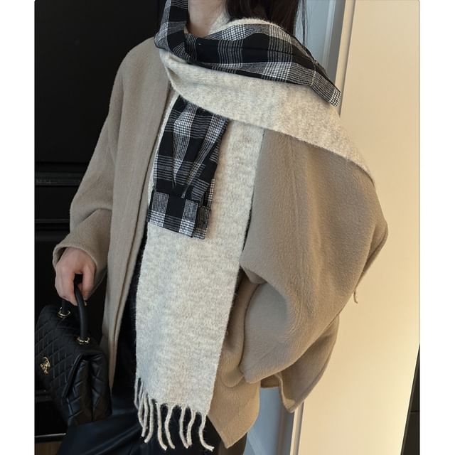 4-4 STUDIO-Plaid Panel Fringed Scarf