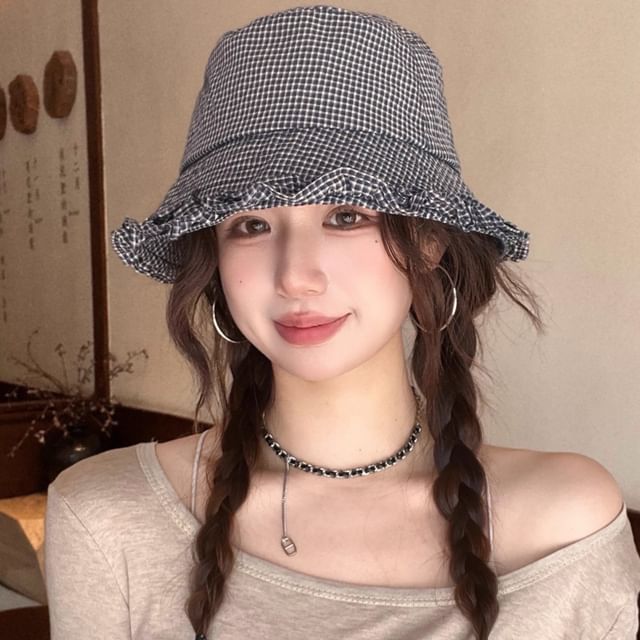 4-4 STUDIO-Plaid Ruffle Bucket Hat