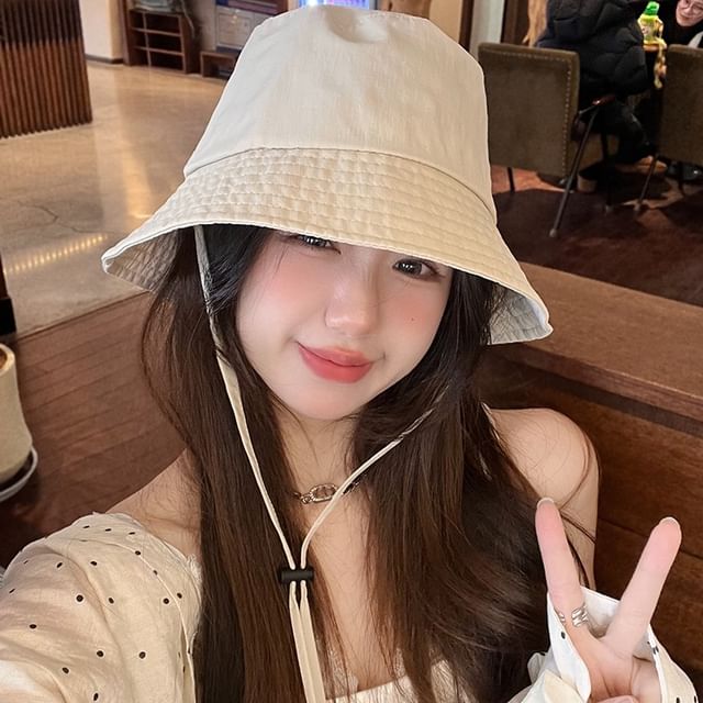 4-4 STUDIO-Plain Drawstring Bucket Hat