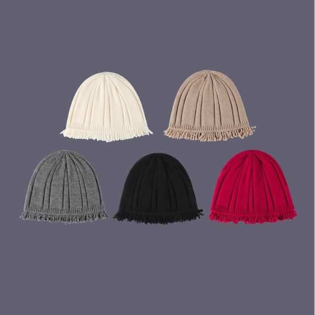 4-4 STUDIO-Plain Fringe Ribbed Beanie