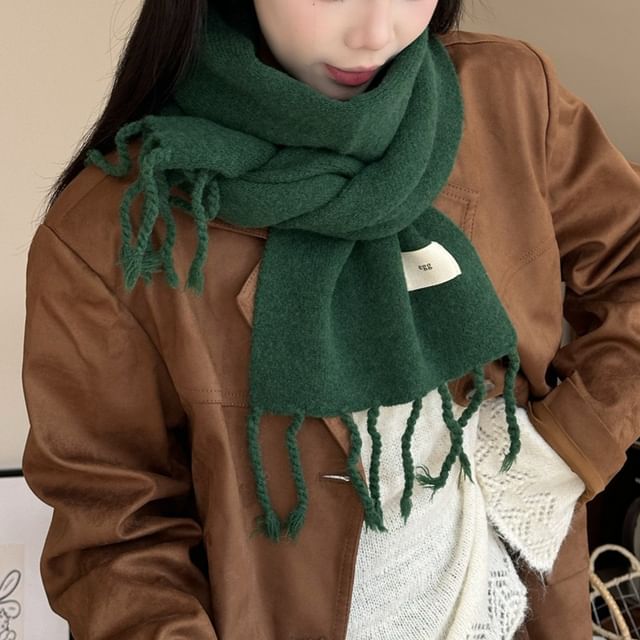 4-4 STUDIO-Plain Fringed Knit Scarf