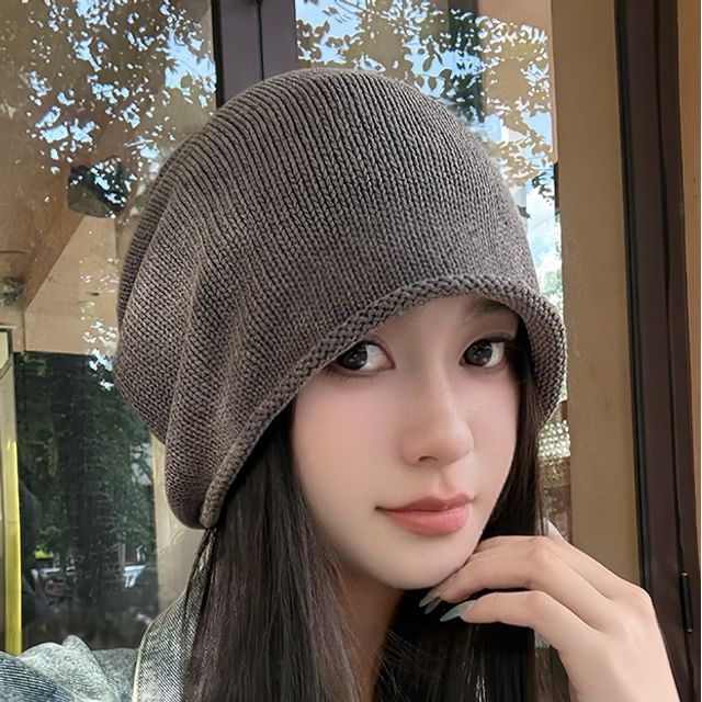 4-4 STUDIO-Plain Knit Slouchy Beanie