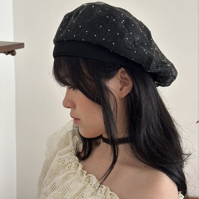 4-4 STUDIO-Rhinestone Mesh Beret