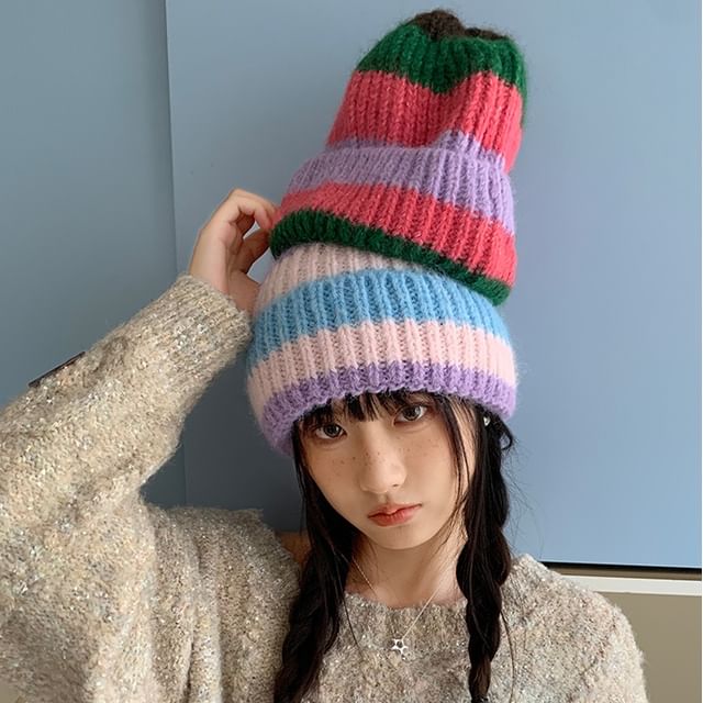 4-4 STUDIO-Striped Knit Beanie
