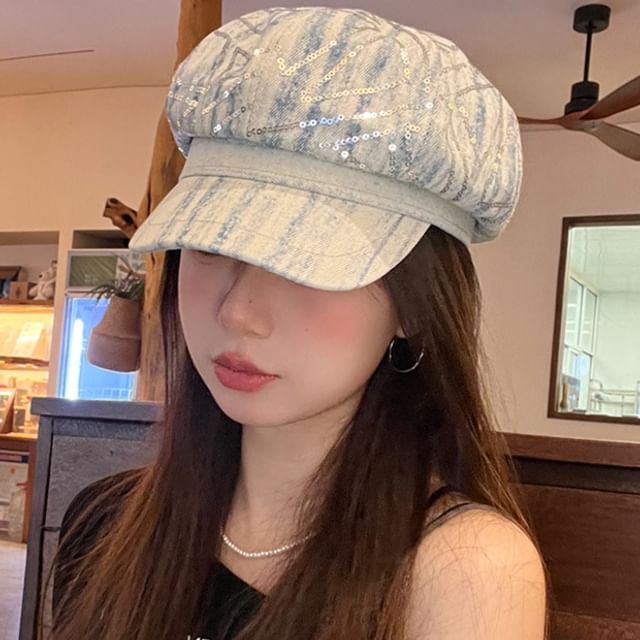 4-4 STUDIO-Striped Sequin Denim Newsboy Cap