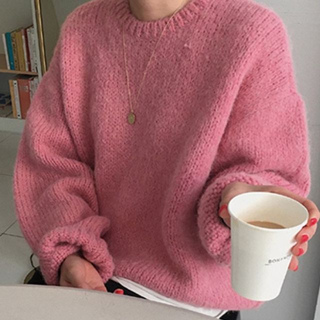 MIKIGA-Long-Sleeve Round Neck Plain Sweater