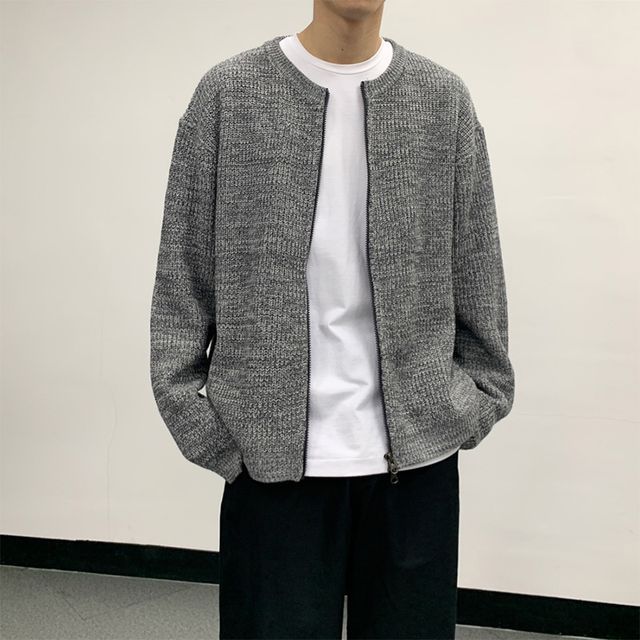 Okwano-Crew Neck Ribbed Zip Cardigan