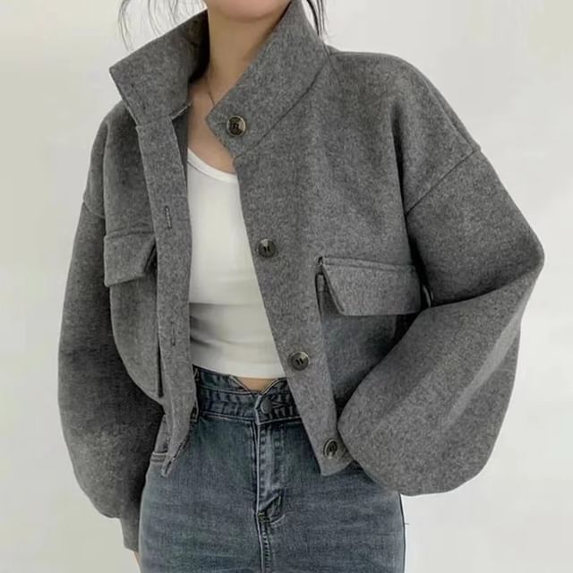 Sienne-High Neck Button-Up Plain Jacket