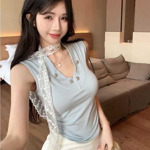 Whoosh-V-Neck Plain Studded Crop Tank Top