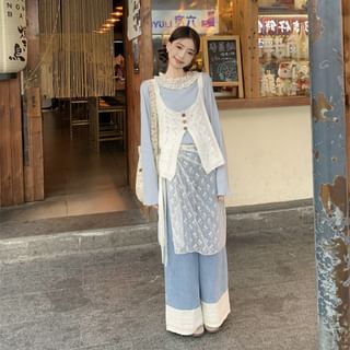 Beem Long-Sleeve Round Neck Ruffle Panel Top / V-Neck Plain Pointelle Button Sweater Vest / Plain Lace Apron Sale