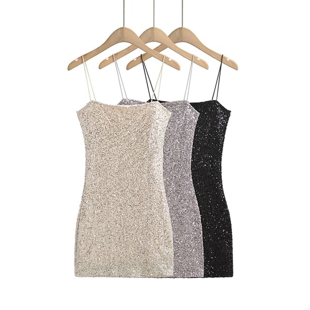 Ulark-Spaghetti Strap Sequined Mini Bodycon Dress