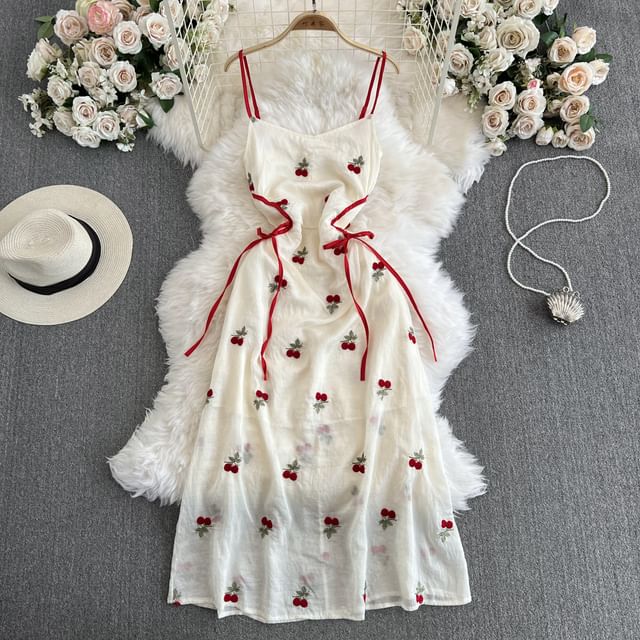 Yearnin - Spaghetti Strap Cherry Embroidered Bow Detail Maxi Dress |  YesStyle