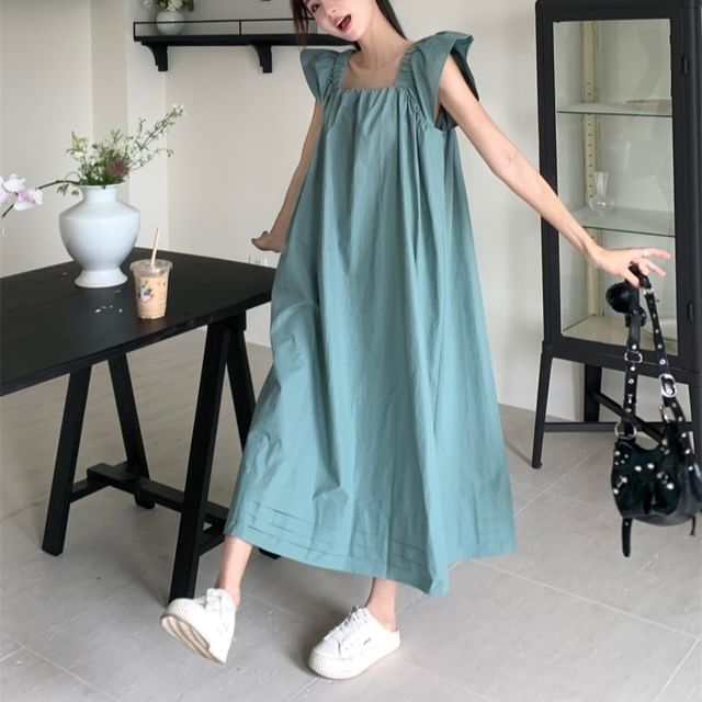 ANORA - Cap-Sleeve Square Neck Plain Ruched Midi Tunic Dress | YesStyle