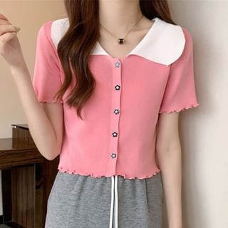Sisyphi-Short-Sleeve Collared Button-Up Knit Top