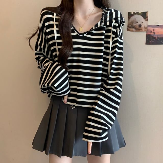 Mikiko-V-Neck Striped Drawstring Hem Crop Hoodie